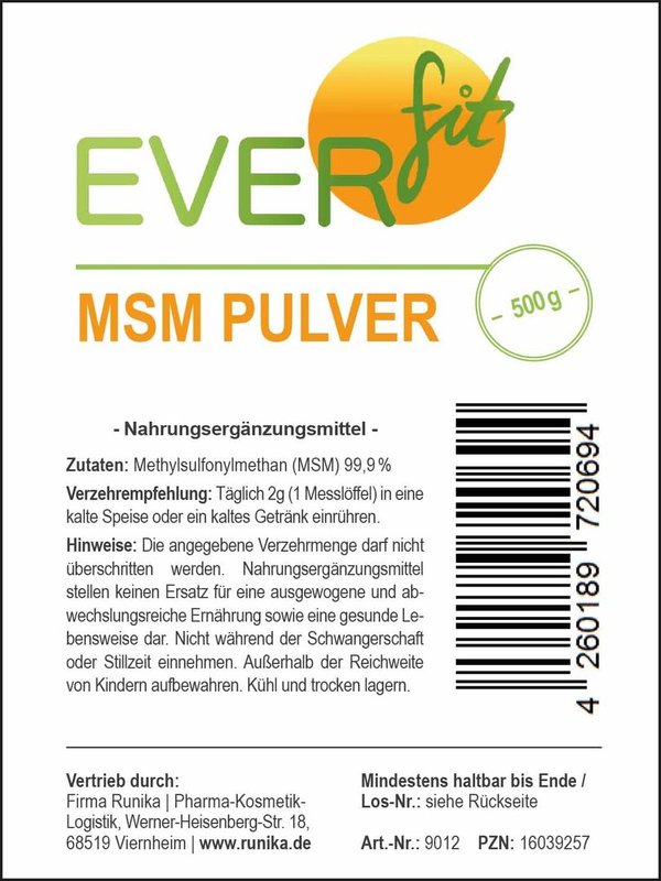 Everfit MSM Pulver - Inhalt 500 gr. Beutel (ohne Aluminium)