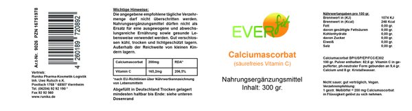 Everfit Calciumascorbat (säurefreies Vitamin C)  300 gr.   Pulver - Langzeit-Effekt