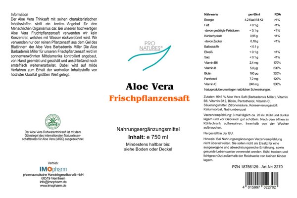 Aloe Vera Frischpflanzensaft 99,6 %  750 ml - Glasflasche